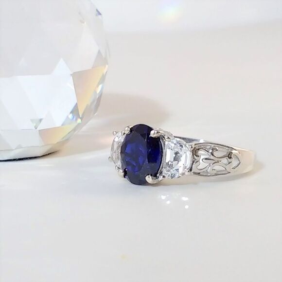 Created Blue Sapphire Ring 2.5 Carats Sterling Silver Size 8 - Picture 1 of 8